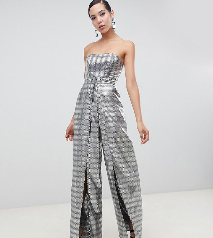 Asos Design Tall Structured Bandeau Jumpsuit Wih Split Leg In Silver Jacquard - Silver
