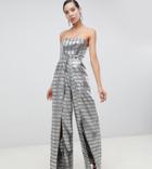 Asos Design Tall Structured Bandeau Jumpsuit Wih Split Leg In Silver Jacquard - Silver