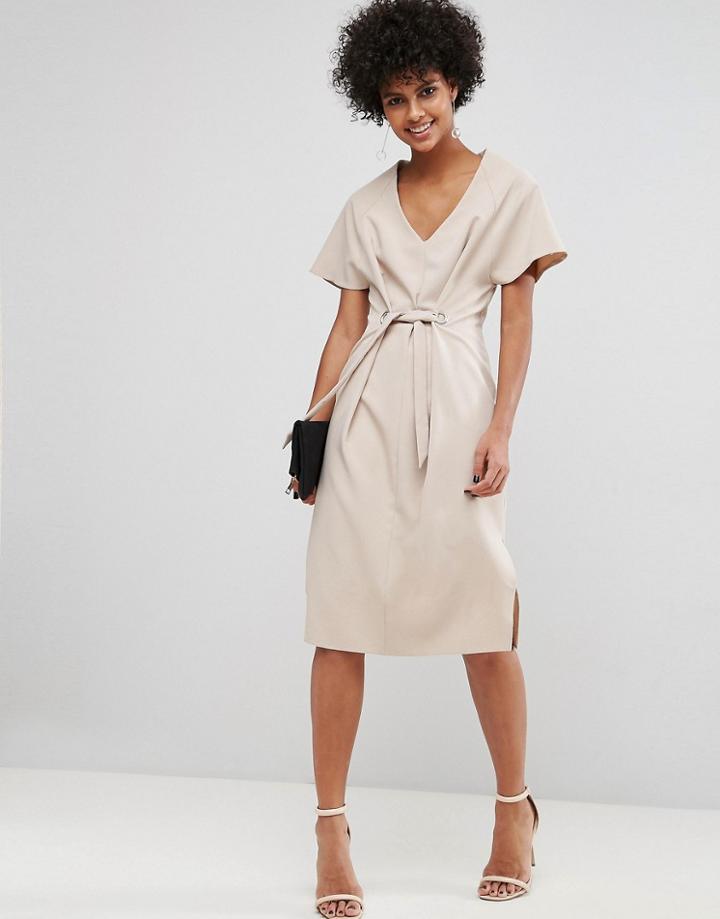 Asos V Neck Column Midi Dress With Eyelet And Tie - Gray