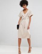 Asos V Neck Column Midi Dress With Eyelet And Tie - Gray