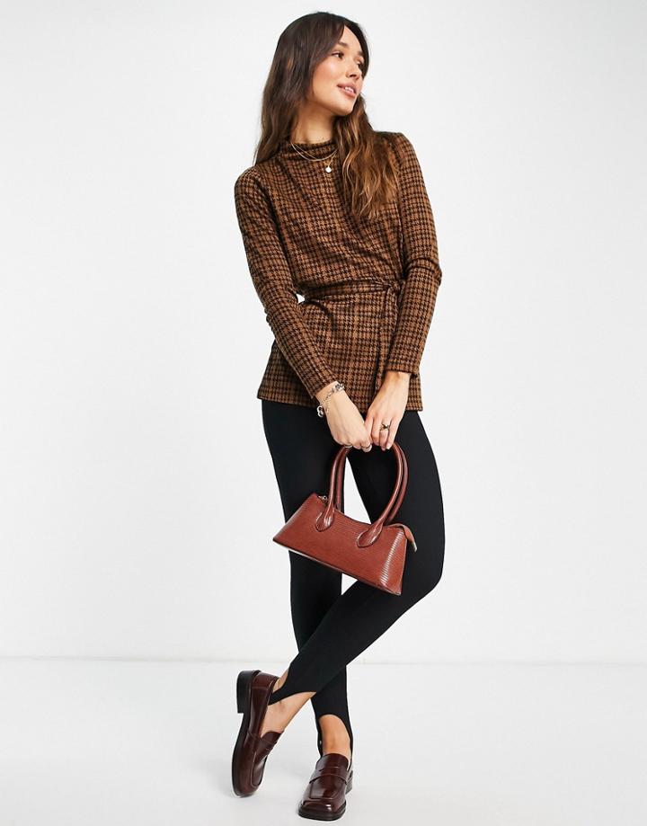 Vila Long Sleeved Top With High Neck And Tie Waist In Brown Check-multi