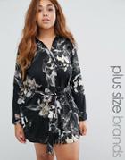 Ax Paris Plus Shirt Dress In Floral Print - Black