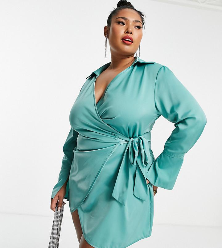 Public Desire Curve Satin Wrap Dress In Aqua Blue
