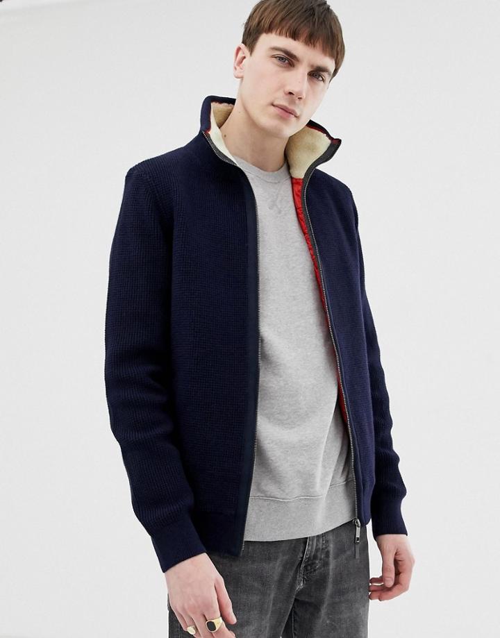 Ted Baker Quilted Knitted Jacket With Fleece Lined Collar In Navy - Navy
