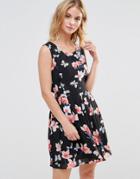 Style London Skater Dress In Floral Print - Black