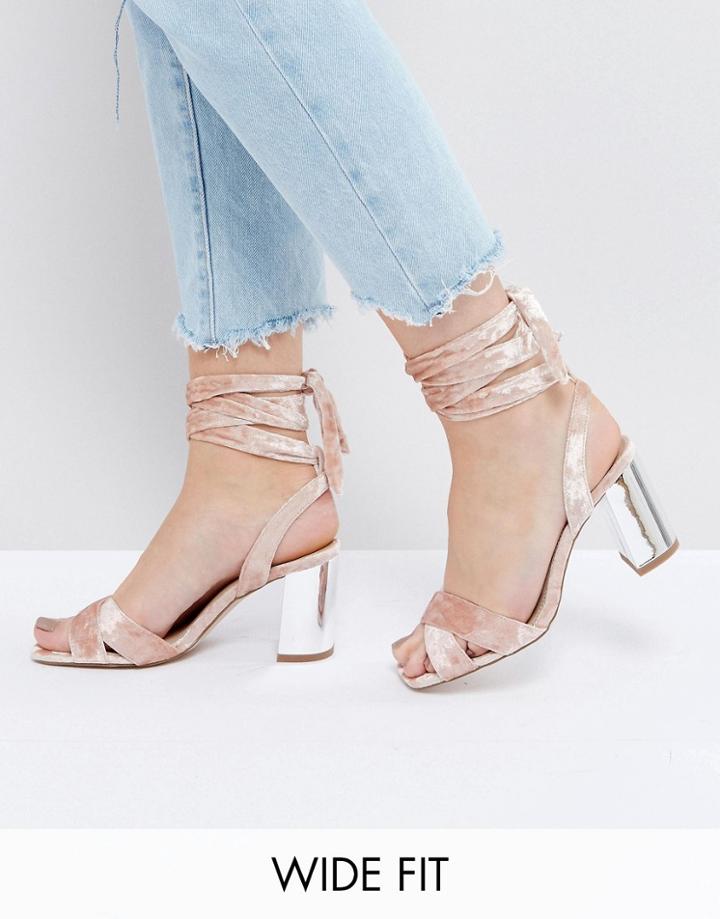 Asos Honeymoon Wide Fit Velvet Tie Leg Sandals - Pink