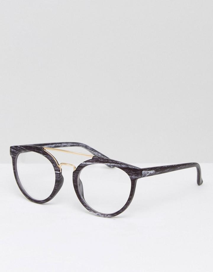 Asos Retro Glasses In Black Wood Effect With Clear Lens - Black