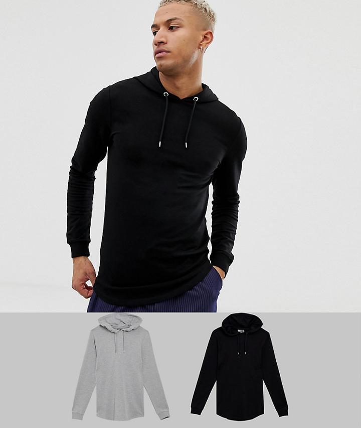 Asos Design Longline Muscle Fit Hoodie 2 Pack With Curved Hem In Black/gray Marl Save - Multi