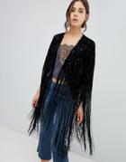 Qed London Devore Kimono With Tassles - Blue