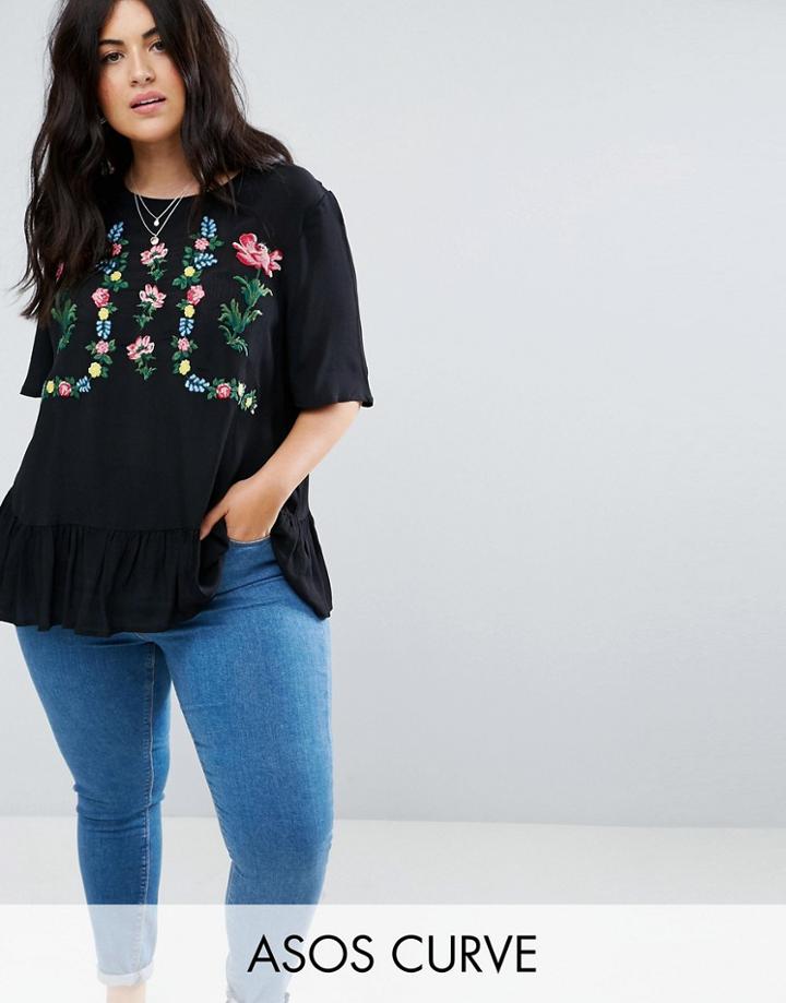 Asos Curve Ruffle Hem Tee With Embroidery - Black