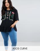 Asos Curve Ruffle Hem Tee With Embroidery - Black