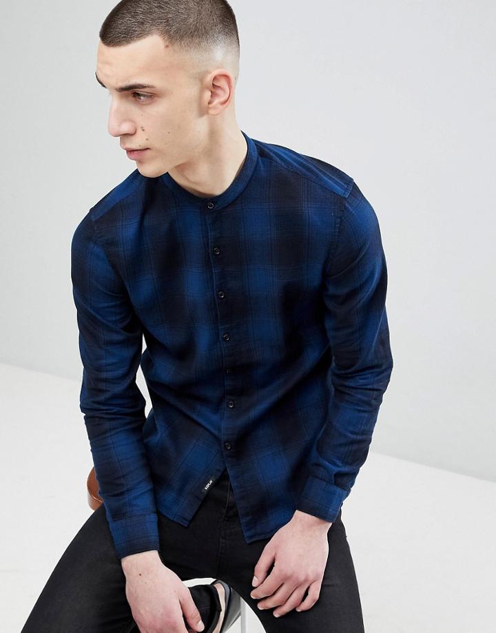 Replay Check Granddad Collar Shirt - Blue