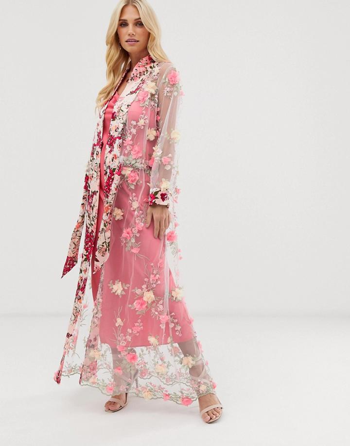 Aratta Maxi Kimono In Sheer 3d Embroidered Mesh With Ribbon Tie-pink