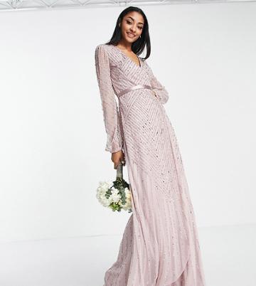 Frock And Frill Tall Bridesmaid Wrap Maxi Dress In Taupe-pink