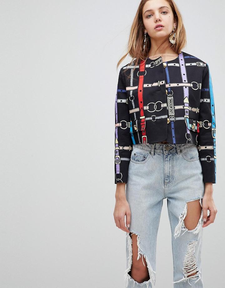 Love Moschino Chains Print Collarless Jacket - Black