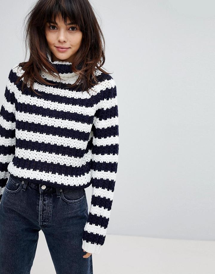 Willow And Paige Chunky Knit Roll Neck Sweater In Stripe - Black