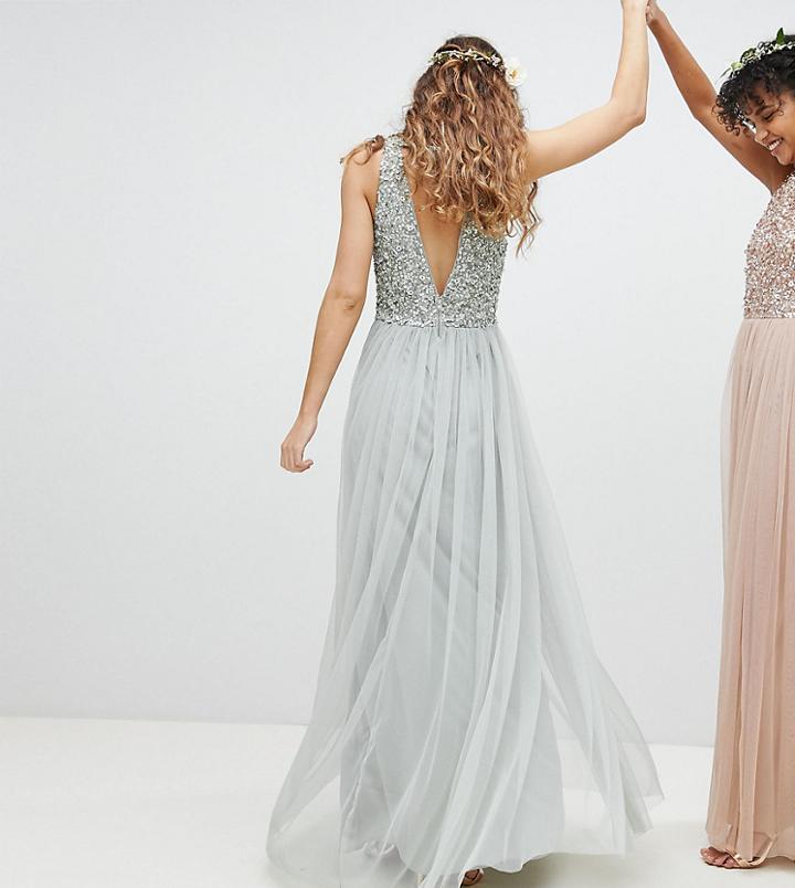 Maya Sleeveless Sequin Bodice Tulle Detail Maxi Bridesmaid Dress With Cutout Back - Green