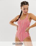 Monki Stripe Scoop Neck Swimsuit In Red And White-black