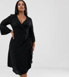 Outrageous Fortune Plus Ruffle Wrap Midi Dress With Fluted Sleeve In Black