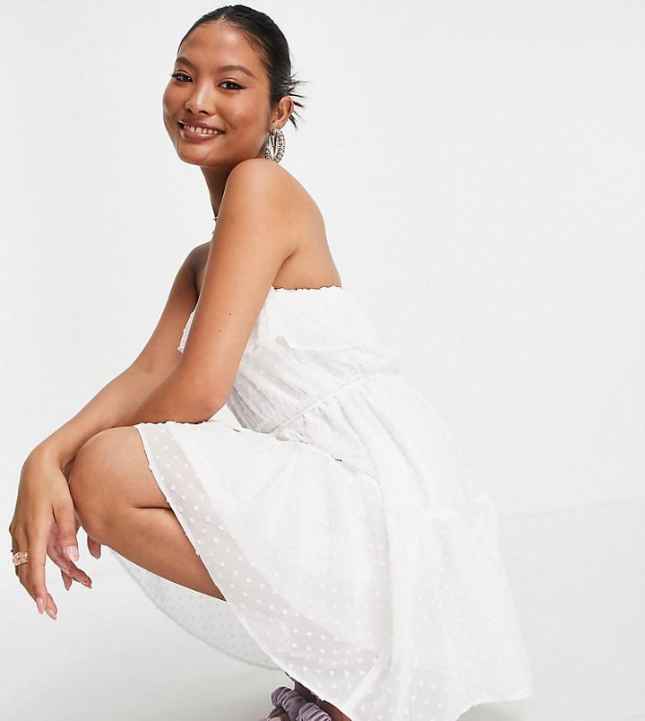 Asos Design Petite Ruffle Bandeau Mini Skater Dress With Belt In Textured In Ivory-white