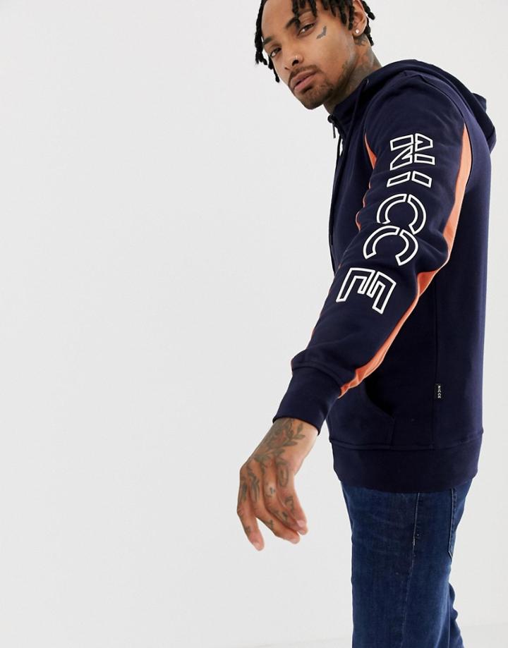 Nicce Hoodie In Navy With Sleeve Logo Print - Navy