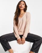 Asos Design Oversized V Neck Batwing Sleeve Top In Stone-neutral