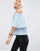 Asos White Denim Cut Out Frill Shoulder Top - Blue