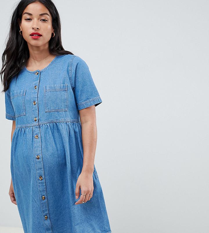 Asos Design Maternity Denim Smock Dress In Midwash - Blue