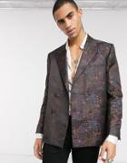Asos Design Wedding Boxy Double Breasted Suit Jacket In Maroon Jacquard-black