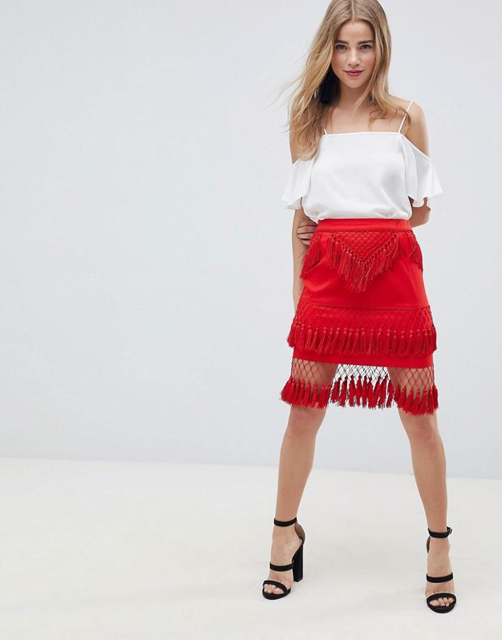 Asos Design Premium Fringe Mini Skirt - Red