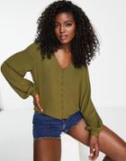 Jdy V Neck Button Up Blouse In Green