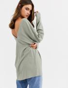 Asos Design Oversized V Neck Batwing Sleeve Top In Sage-green
