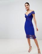 Lipsy Lace Bardot Flippy Hem Midi Dres - Blue