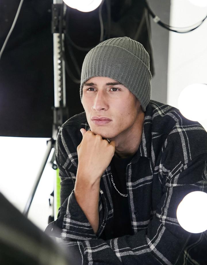 Asos Design Rib Beanie With Deep Turn Up In Gray-grey