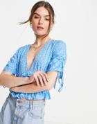 Asos Design V Neck Tea Blouse With Ruched Waist Detail And Peplum Hem In Blue Ditsy Print-multi