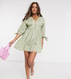 Asos Design Petite Cotton Poplin Button Neck Mini Smock Dress With Tie Sleeves In Light Khaki-green