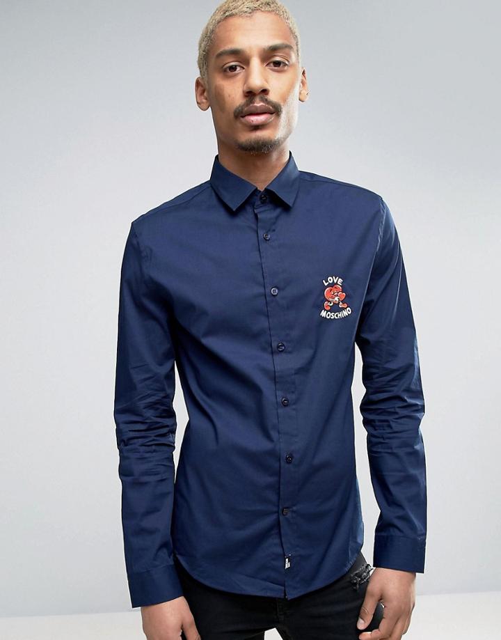 Love Moschino Embroidered Chest Character Logo Shirt - Navy