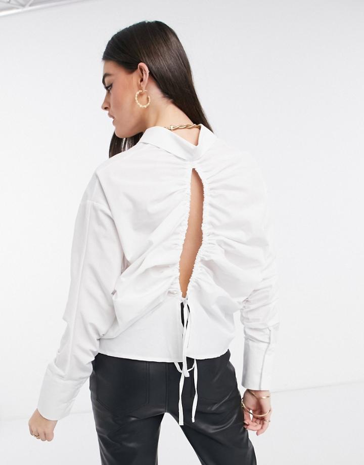 Asos Design Cotton Shirt With Channel Open Back Detail In Ivory-white