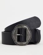 Asos Design Wide Faux Suede Belt With Burnished Silver Western Buckle In Black