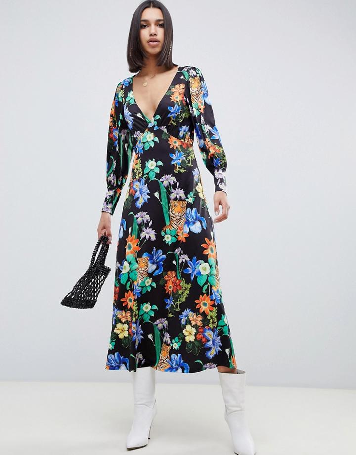 Asos Design V Neck Statement Maxi Dress In Tiger Print-multi