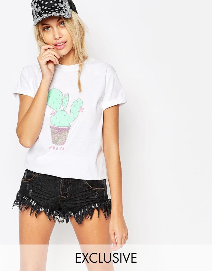 Kiss & Tell Boyfriend T-shirt With Hug Me Cactus Print - White
