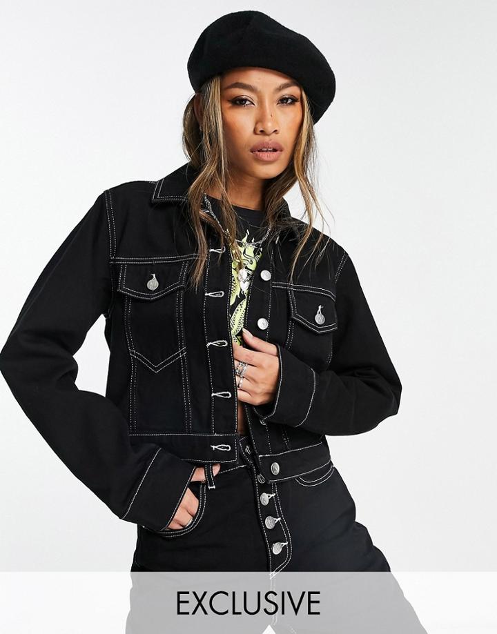 Reclaimed Vintage Inspired Denim Jacket In Black With White Contrast Stitch