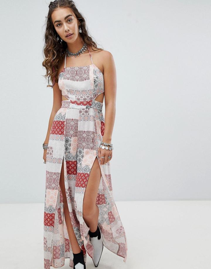En Creme Cami Jumpsuit With Side Splits In Patchwork Tile Print - Multi