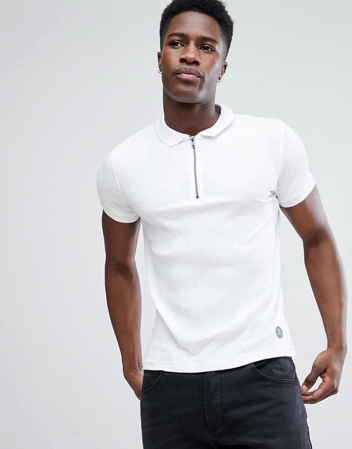 Brave Soul Ribbed Half Zip Polo - White