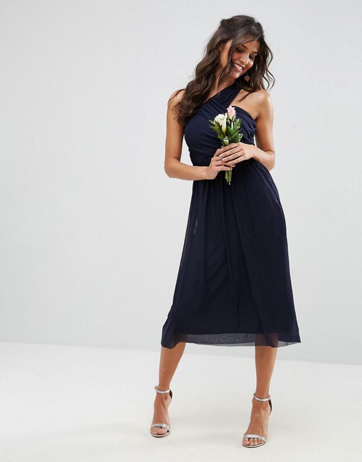 Asos Wedding Ruched Mesh One Shoulder Midi Dress - Navy