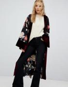Kiss The Sky Maxi Kimono In Floral With Velvet Trim - Black