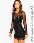 Maya Petite Sheer Mini Dress With Embellished Overlay - Black