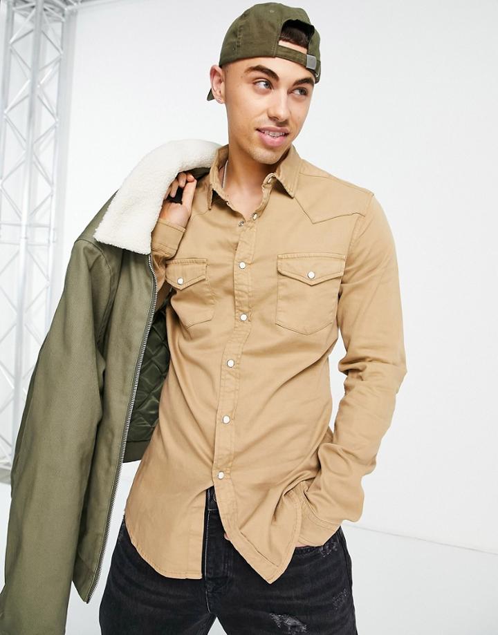 Asos Design Skinny Western Denim Shirt In Stone-neutral