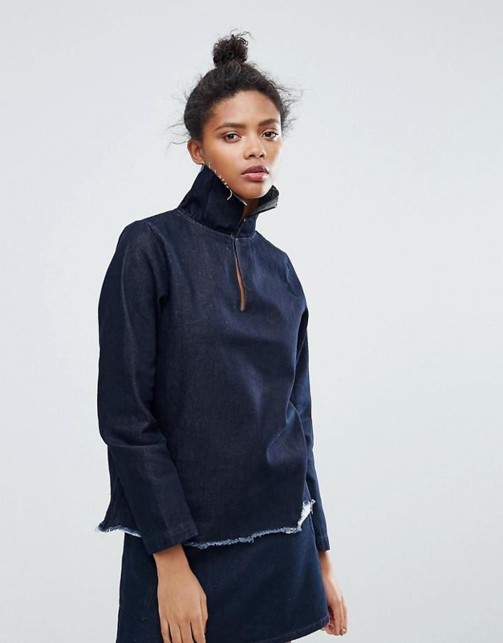 Waven Elini Funnel Neck Destroyed Hem Denim Top - Blue