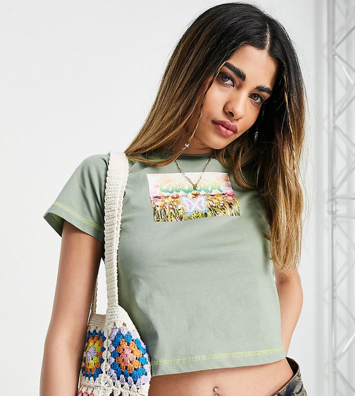 Collusion Graphic Shrunken T-shirt In Khaki-green